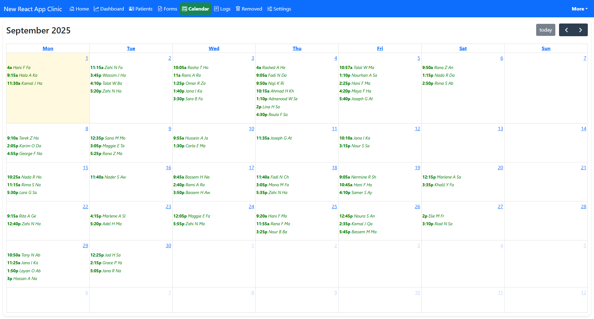 Patient appointment calendar for clinic scheduling