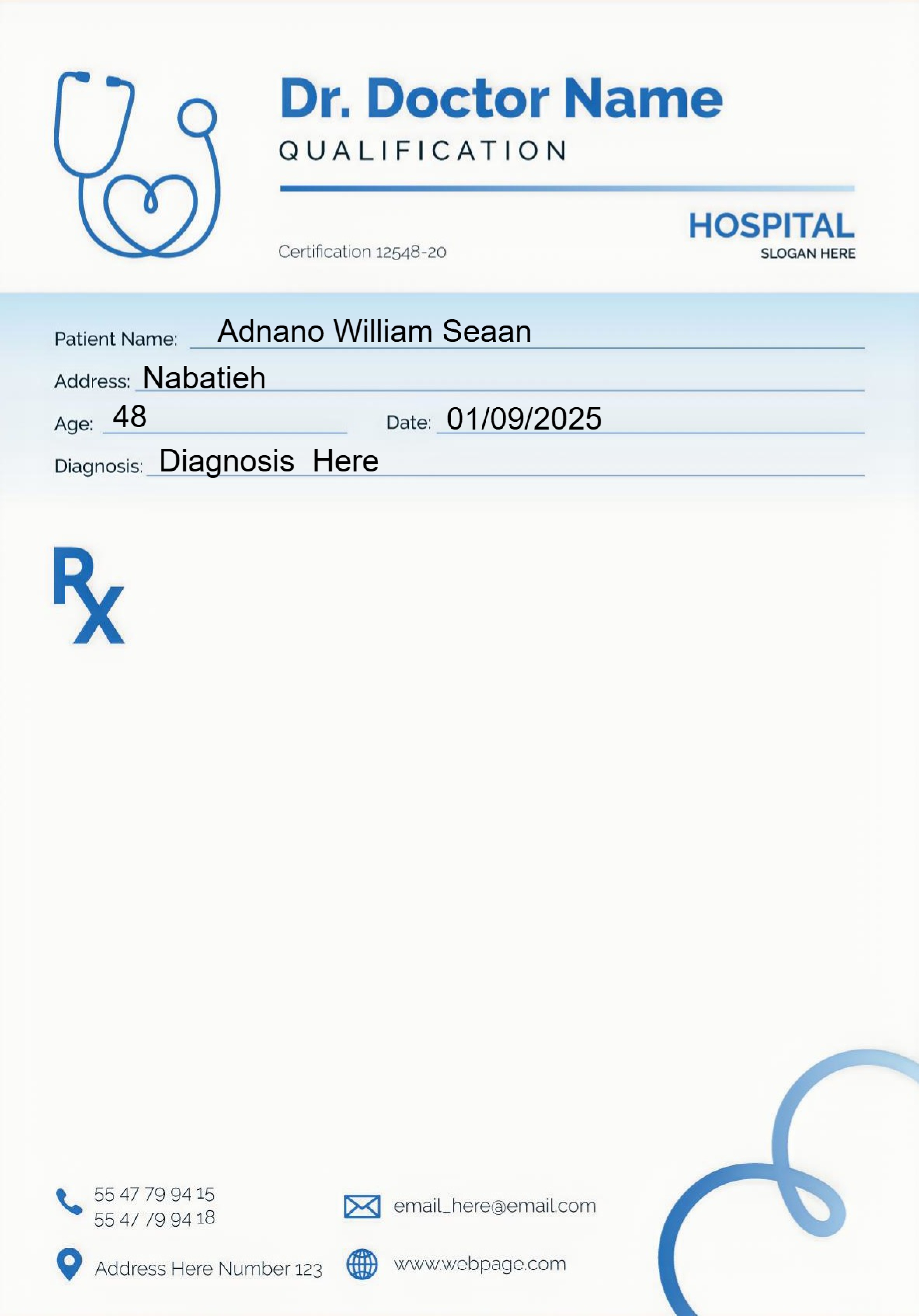 Patient medical form for electrical health checks